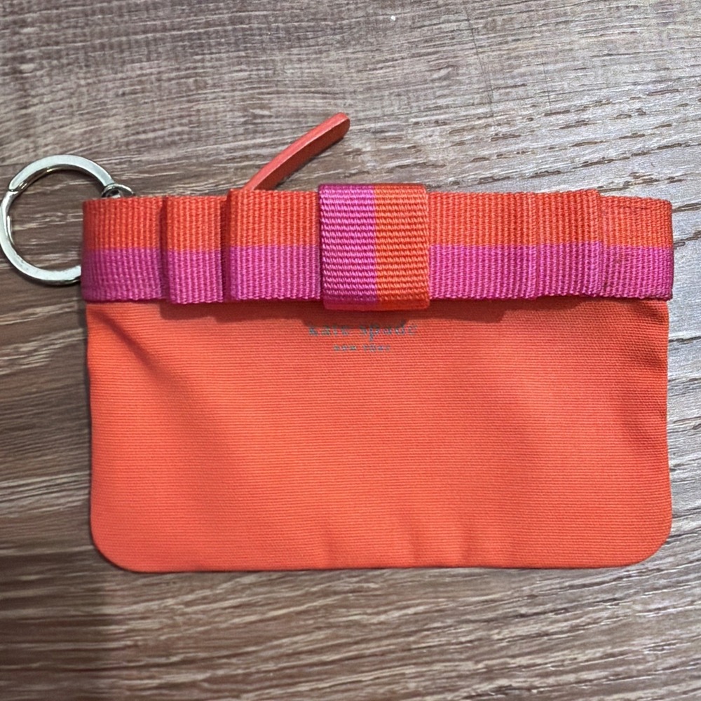 Kate Spade Pink Orange Keychain Coin Purse Bow Canvas Zip Wallet